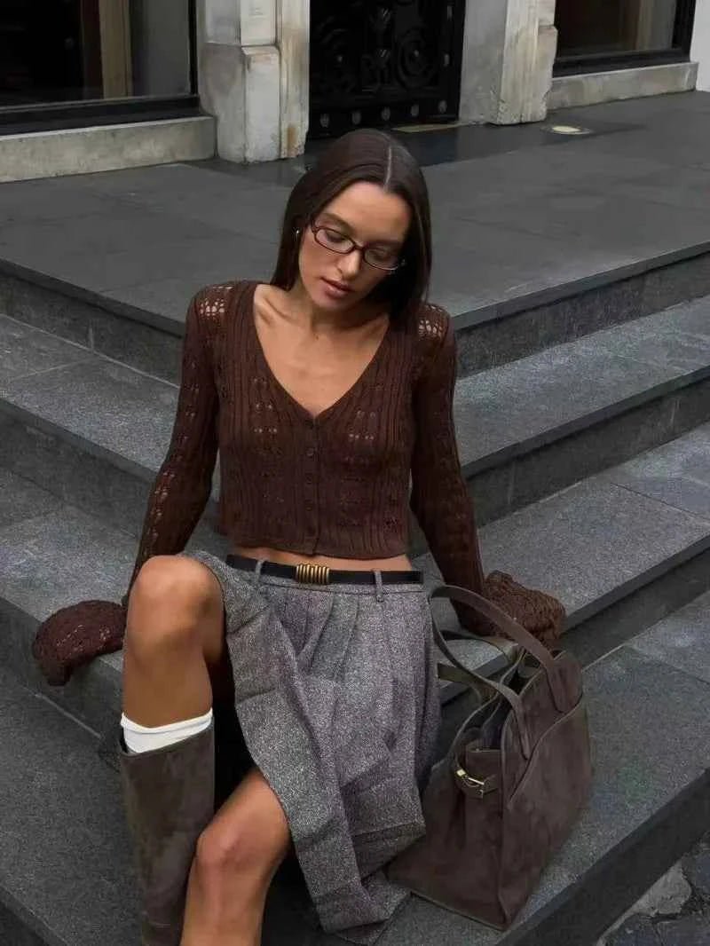 Trendix Summer Knit Long Sleeve Cardigan For Women V Neck Solid Bodycon Hollow Out Short Tops Party Club Slim Vacation Top Femme