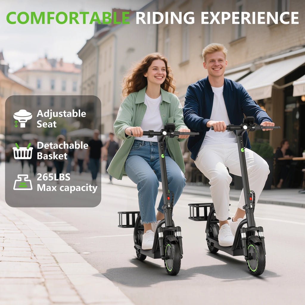 MAXSHOT 8.5'' Electric Scooter with Seat & Basket 15miles Max Range 19MPH Max Speed Foldable Adult E-scooter LED Lights 265lbs Max Load