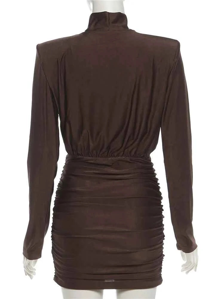 Nibber Classic Turtleneck Dress Women Shoulder Padded Ruched Sexy Office Commute Simple Peach Hip Skinny Elegant Mini Bodycon