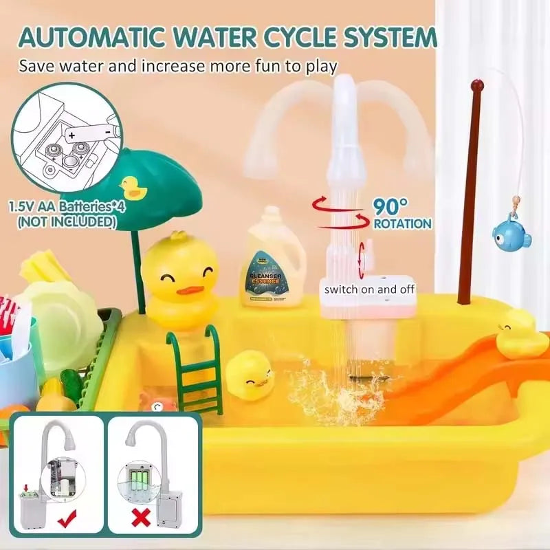 Kids Kitchen Sink Duck Toy Electric Dishwasher Play Set With Running Water Pretend Food Fisher Role Play Gift For Girls And Boys