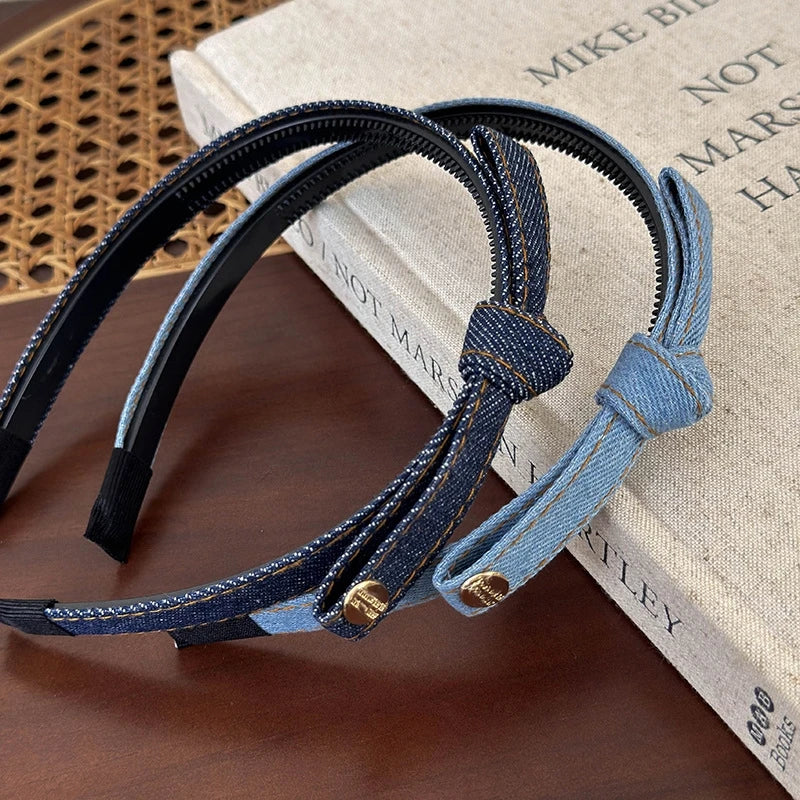 Elegant Denim Blue Bow Hairband with Tooth Retro Headband for Women Girls Hair Bands Hair Accessories