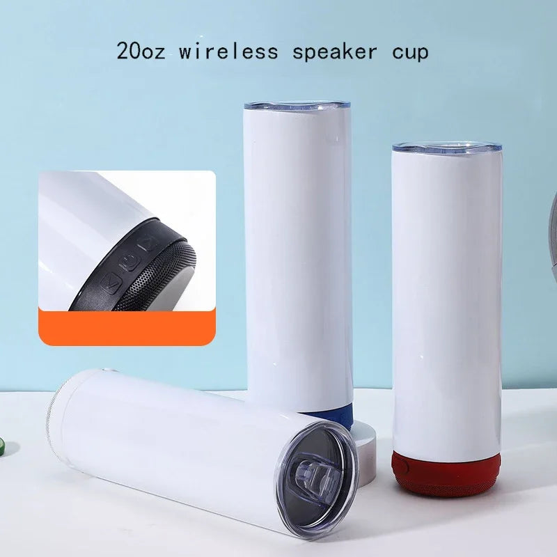 Music Speaker Tumbler with Straw and Lid 20oz Skinny Double Wall Stainless Steel Music Cup with Detachable LED Bluetooth Speaker