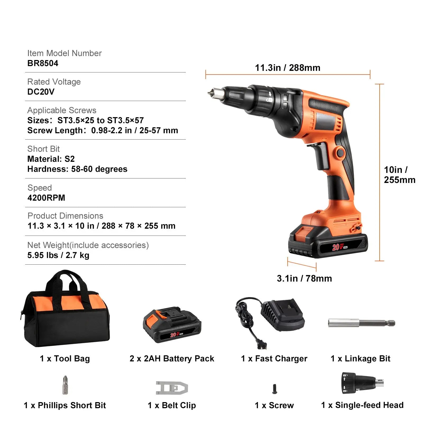 "20V Max Brushless Cordless Drywall Screw Gun Kit with 2 Battery Packs & Charger"