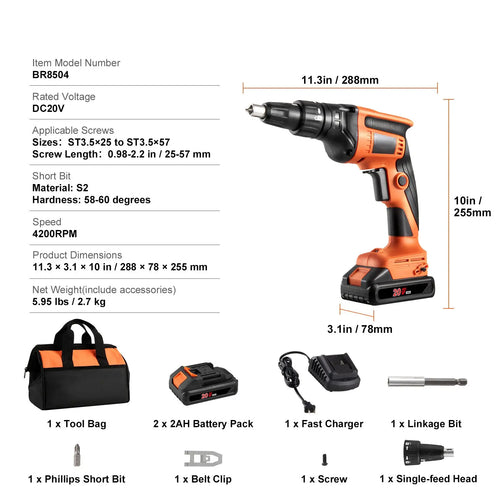 "20V Max Brushless Cordless Drywall Screw Gun Kit with 2 Battery Packs & Charger"