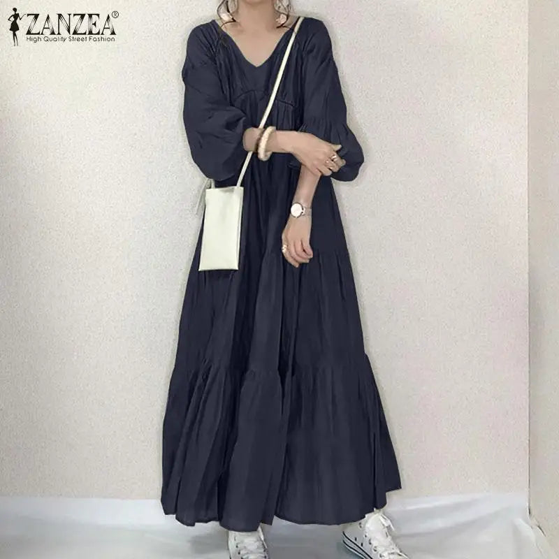 ZANZEA Vintage Ruffle Dress Women's Spring Sundress Casual Puff Sleeve Maxi Vestidos Female V Neck Robe Elegant Long Dresses