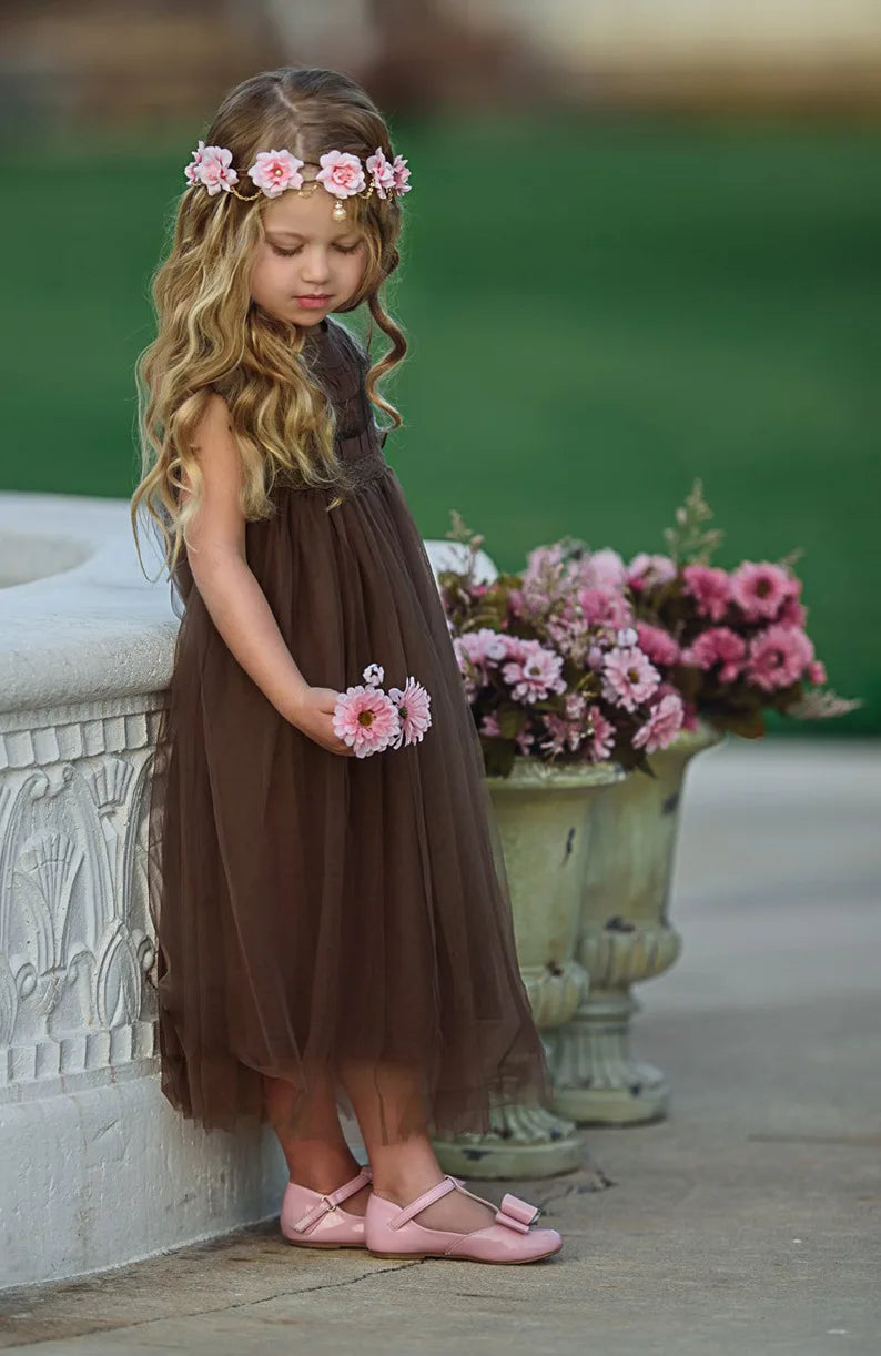 Bohemia Summer Dress For Girls Tulle Lace Sleeveless Princess Flower Girls Wedding Birthday Ball Gown Party Dresses Clothes