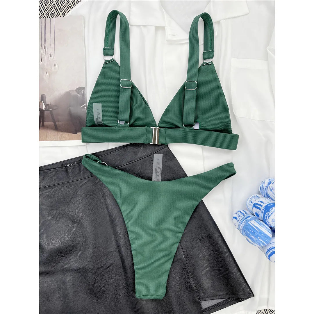 Sexy High Leg Cut Ribbed Bikini Women Swimwear Female Swimsuit Two-pieces Bikini set Padded Bather Bathing Suit Swim Lady V3255