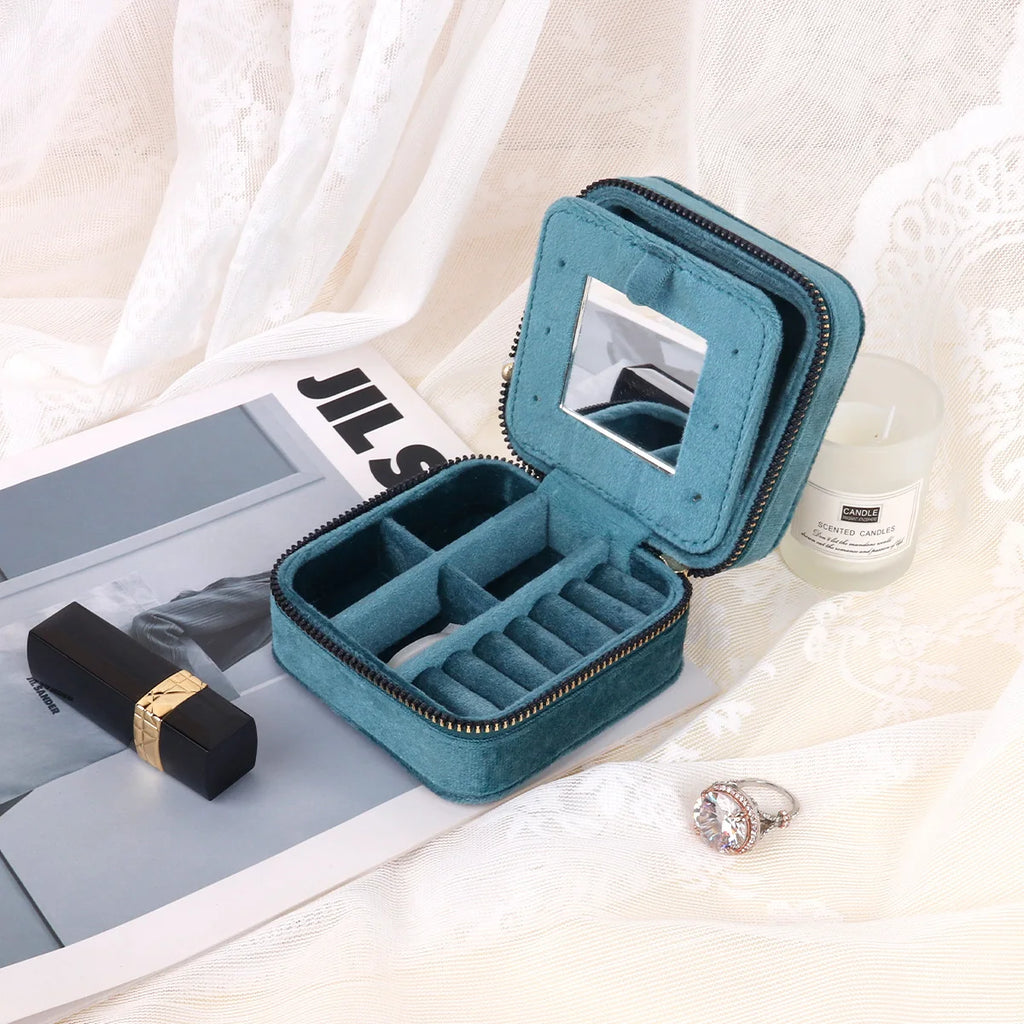 Rhombus Velvet Jewelry Box with Mirror Women Travel Portable Earrings Ring Necklace Storage Display Jewelry Organizer Box