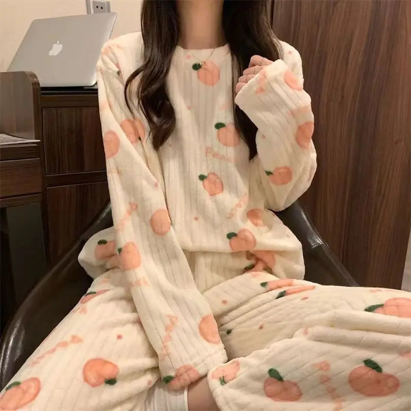 Autumn Winter Warm Flannel Fleecing Women's Pajamas Sets Coral Velvet Long Sleeve Cartoon Sleepwear Pants Sets Flannel Homewear