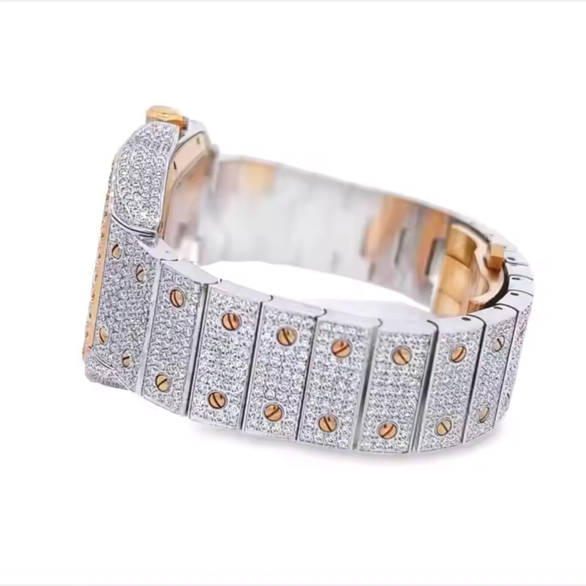 Men's Skeleton Dial Iced Moissanite ETA Quartz Movement Rose Gold Tone Diamond Studded Free Shipping Hip Hop Watch 41mm Diameter