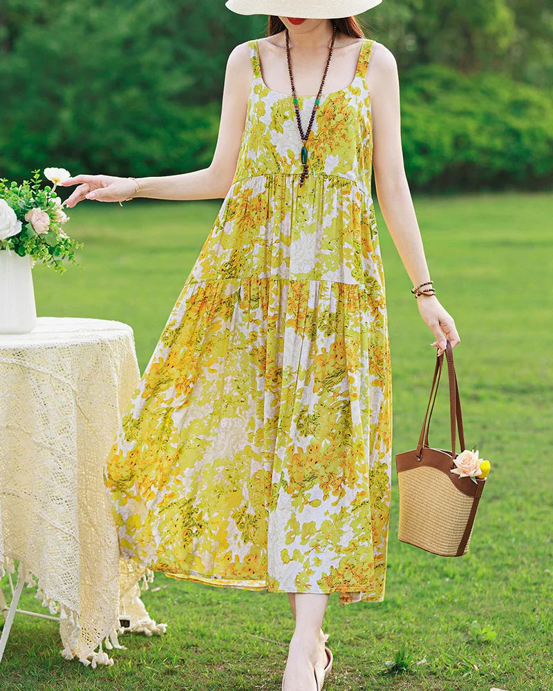 New Fashion Casual 2025 Summer Elegant Dresses For Women O-Neck Print Vintage Sleeveless Dress Loose Women Clothing