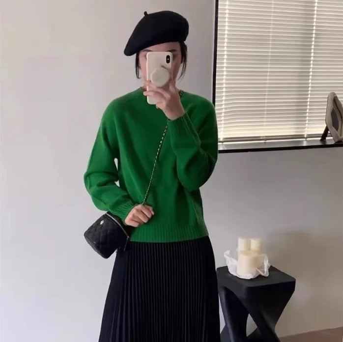 100% pure cashmere sweater women's round neck pullover long sleeve sweater loose short soft waxy knit bottom sweater