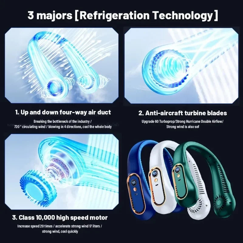 Neck Bladeless Fan Mini Ultra Long Life Portable Lazy Silent Fan USB Charging Student Sports Office Digital Display Power 5 Gear