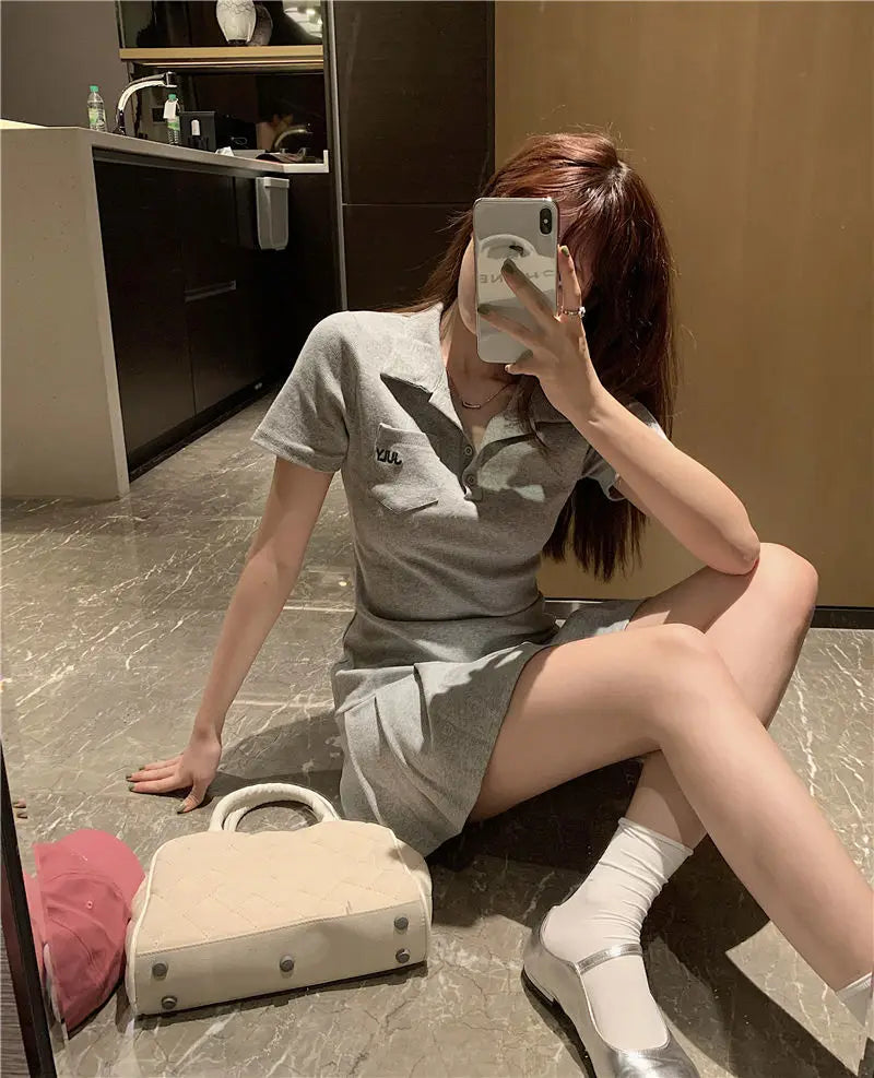 Pleated Dresses Women Sporty Minimalist Summer Female Turn-down Collar New Korean Style Casual Hotsweet Empire Fashion Harajuku
