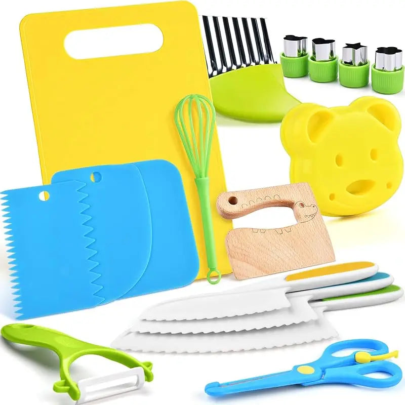 Kids Cooking Set Toys Montessori Kitchen Tools for Toddlers Kids Safety Plastic Knife Set With Cutting Board for Real Cooking