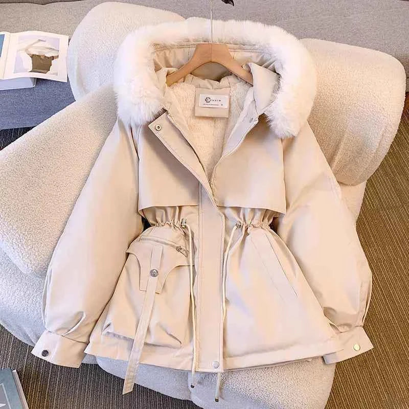 Fleece Lined Hood Down Jacket Winter Coat for Women Warm Drawstring Padded Parkas Korean Casual Streetwear Female Puffer Outwear