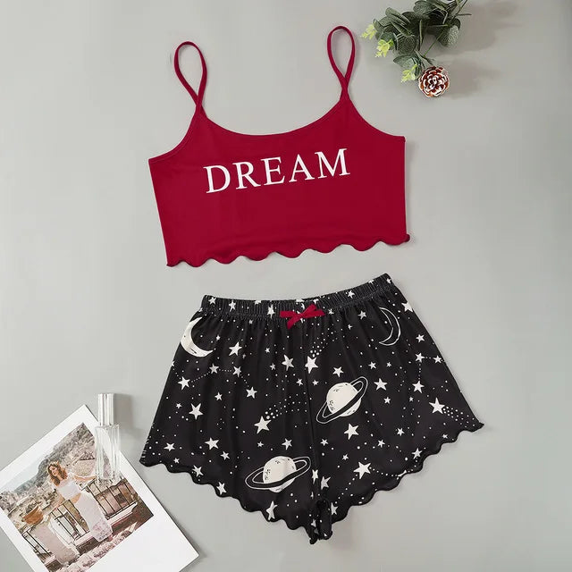 Summer Silk Satin Pyjama Pajamas for Women Sexy Sleepwear Sling Top Shorts Pajama Set Cartoon Pattern Printing 2-Piece Homewear