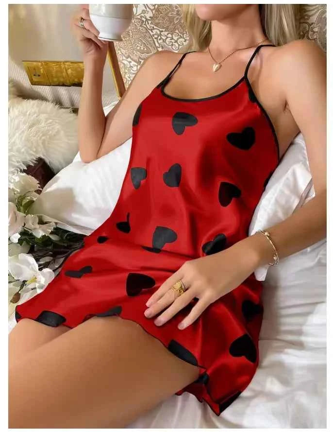 Heart Print Slip Nightdress Casual Crew Neck Criss Cross Back Sleepwear Women's Dresses