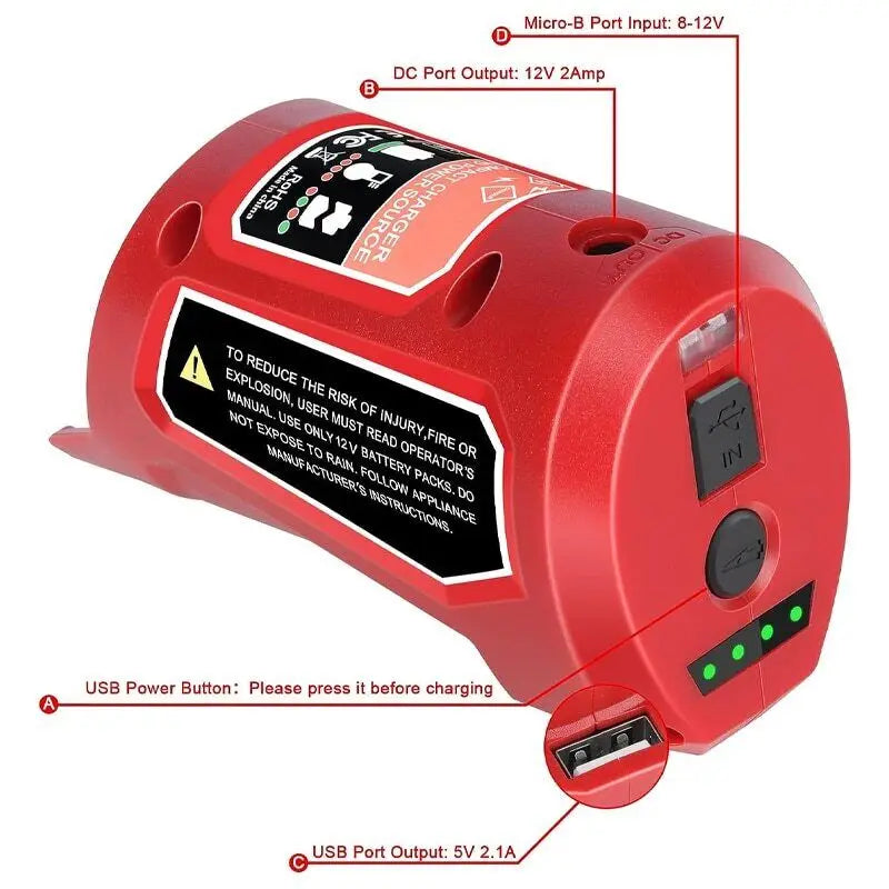 Power Source Replacement for Milwaukee 12V Battery Charger 48-59-1201 49-24-231 Portable Power Supply Adapter with 2.1A USB Port