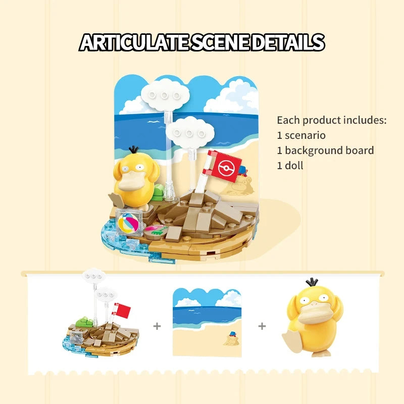 Pokemon Building Blocks Pikachu Psyduck Seaside Party Theme Scene Model Bricks Desktop Decorative Ornaments DIY Toys Gifts