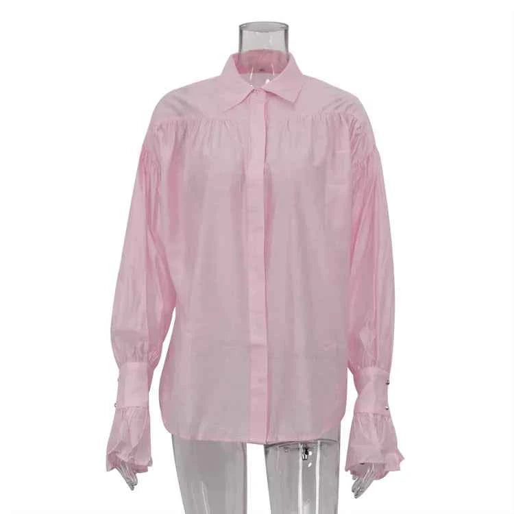 Bornladies Autumn Women's Fashionable Loose Collared Shirt Office Lady Solid Color Versatile Flare sleeve Top Long Sleeved Shirt
