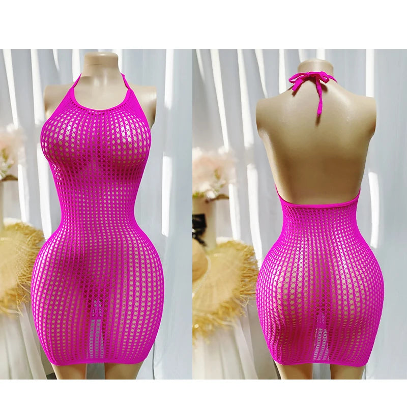 1PC Sexy Women Fishnet Cover Up Without Bikini Hollow Out Bodycon Dress  See Through Beachwear Summer Women's Swimwear