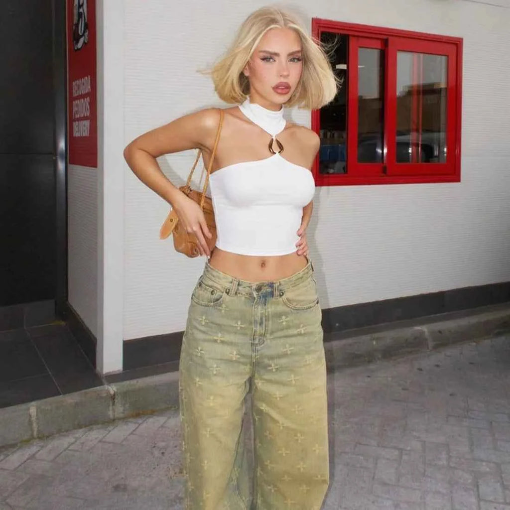 Metal Buckle Decoration Tank Tops Women Turtleneck Off Shoulder Skinny Stretch Street Fashion Wild Style Solid Outfits