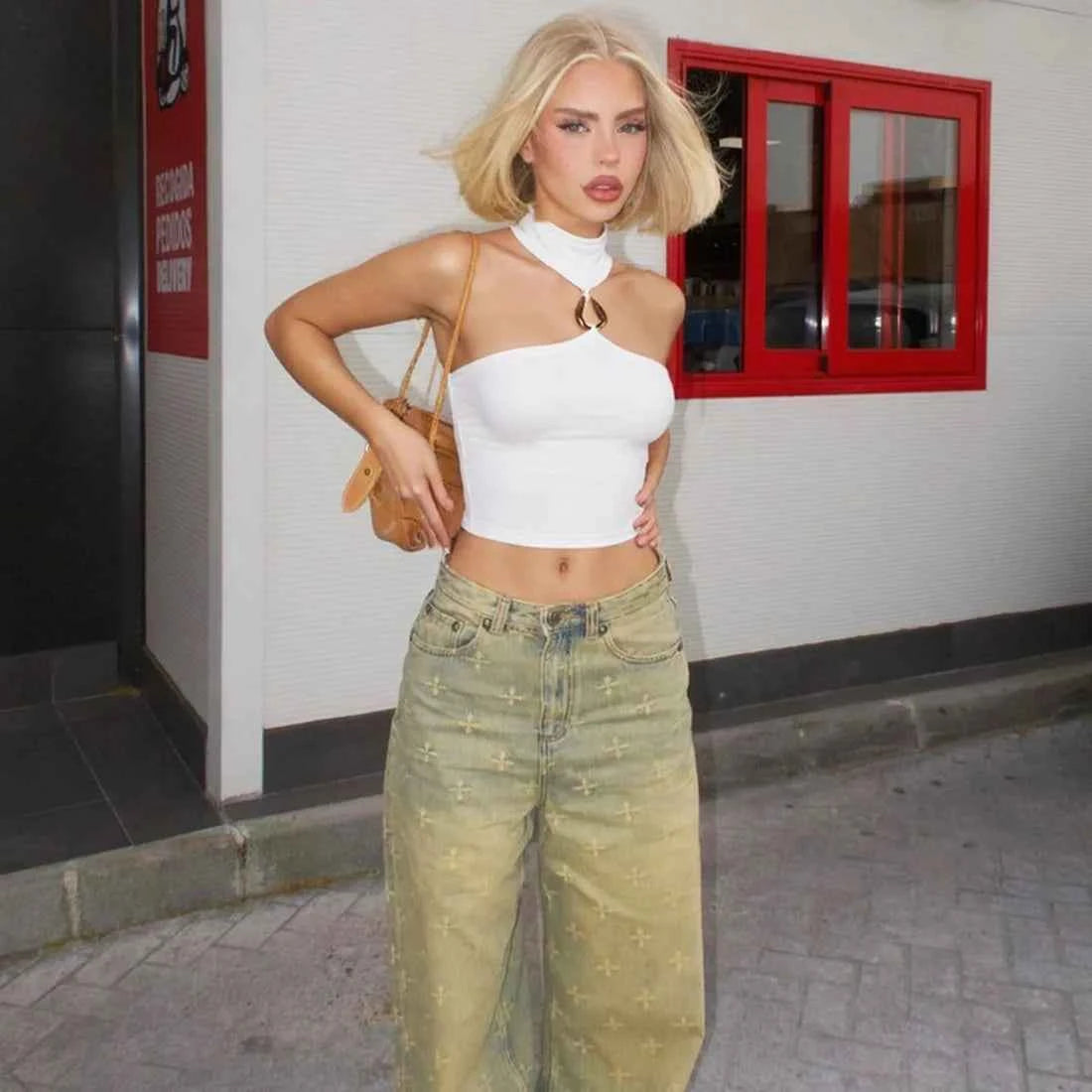 Metal Buckle Decoration Tank Tops Women Turtleneck Off Shoulder Skinny Stretch Street Fashion Wild Style Solid Outfits