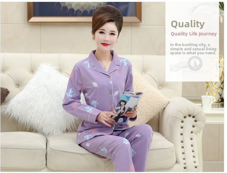 100% Pure Cotton Long Sleeve Sleepwear Set for Elderly Women Spring Summer Autumn Home Clothes Outwear Comfortable Home Suit