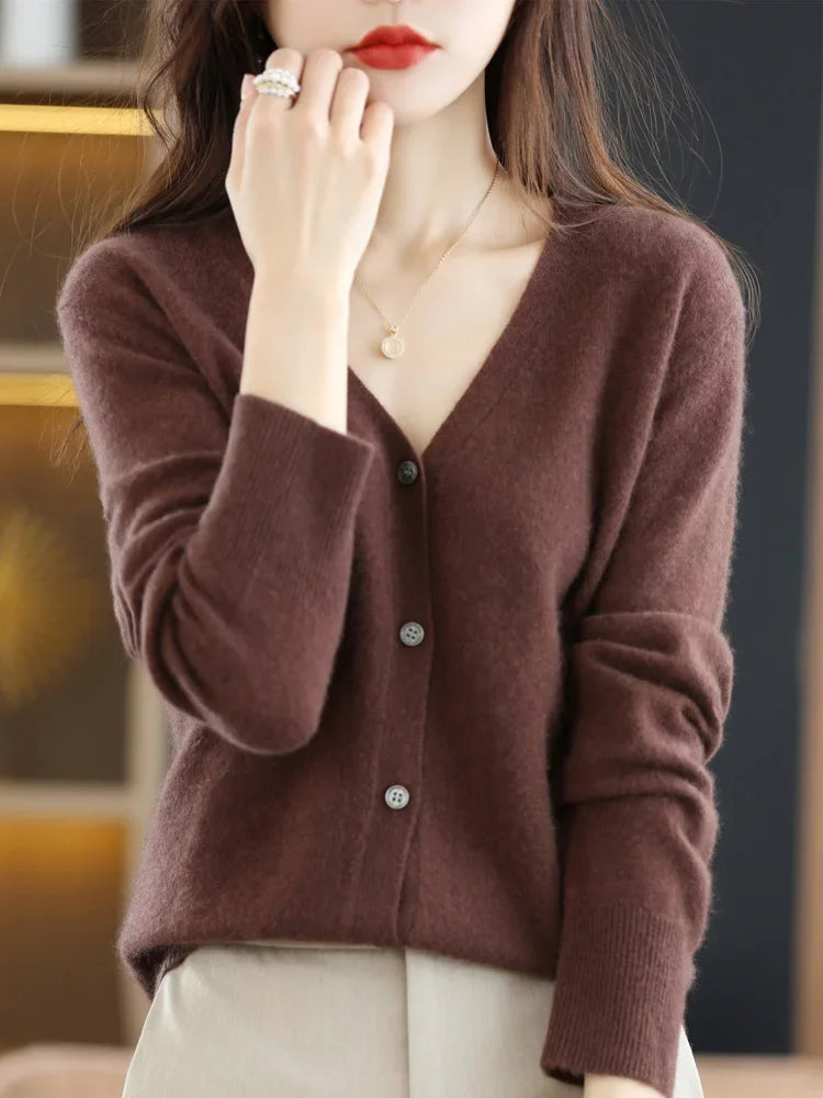 Women Cardigans V-neck Long Sleeve Knitted Outerwear Solid Thin Spring Autumn Sweaters Knitwears Korean Fashion Red Cardigans