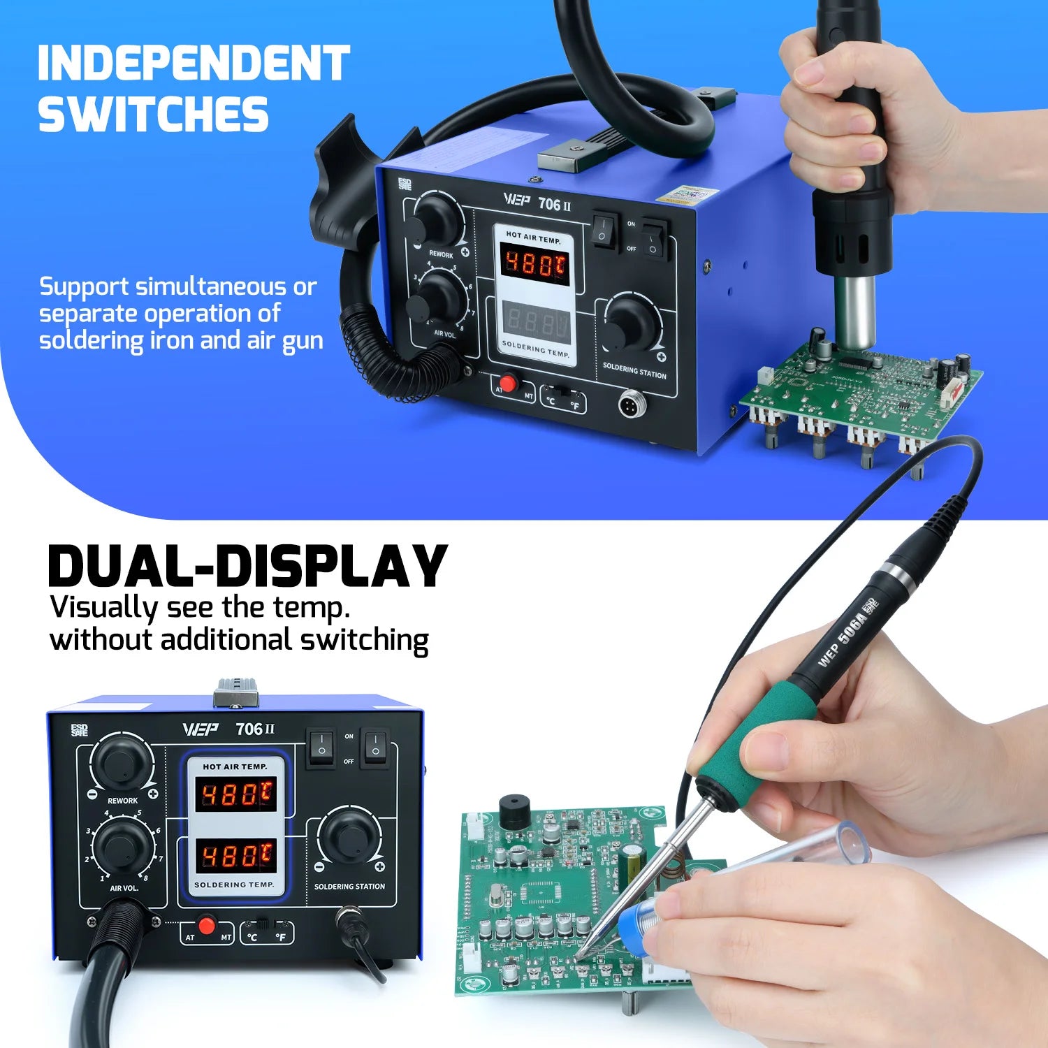 WEP 706-II T12 Soldering Station With Hot Air Gun Air Pump Welding Iron  2-in-1 Desoldering Reowrk Station PCB SMD Repair Tool