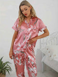 Floral Print Satin Pajama Set Smooth & Comfort Short Sleeve Button Lapel Top & Cozy Long Pants Women's Loungewear & Sleepwear