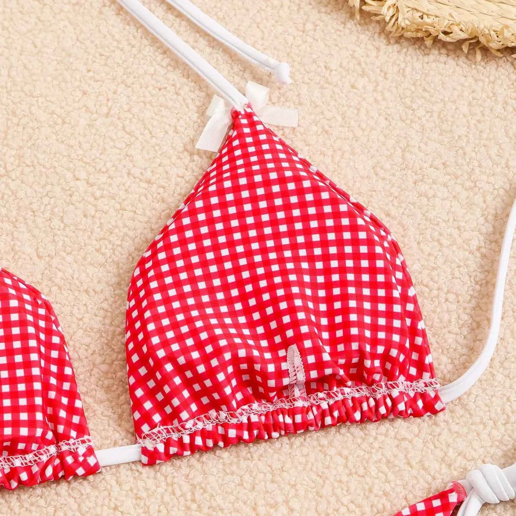 Circyy 2026 Bathing Suit Women Plaid Dot Split Swimsuit Neck-mounted Bow Tie Beachwear Vintage Simple Two-piece Bikinis Summer