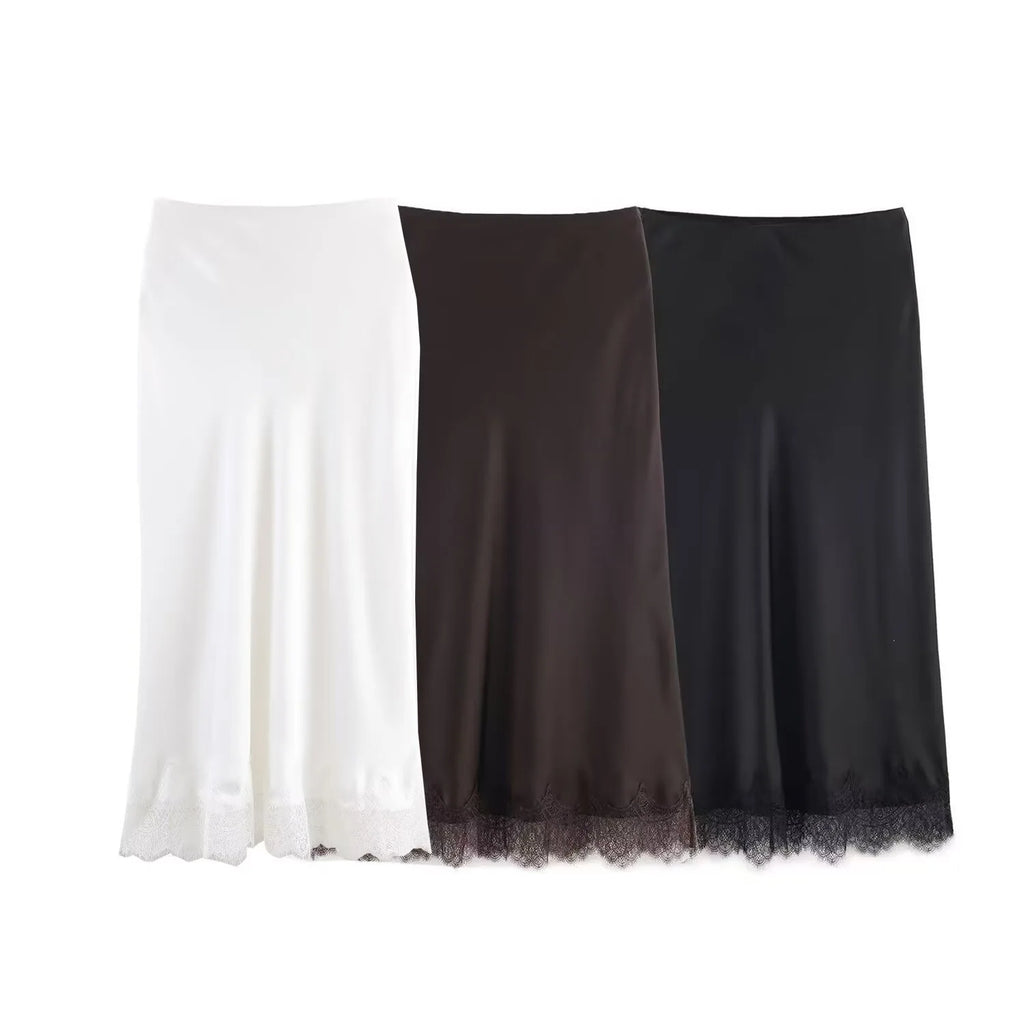 SAW Independent Station Sexy Lace Patchwork Satin Feel Mini Skirt Autumn Fashion Trendy Polyester Fiber Long A-Line Skirt