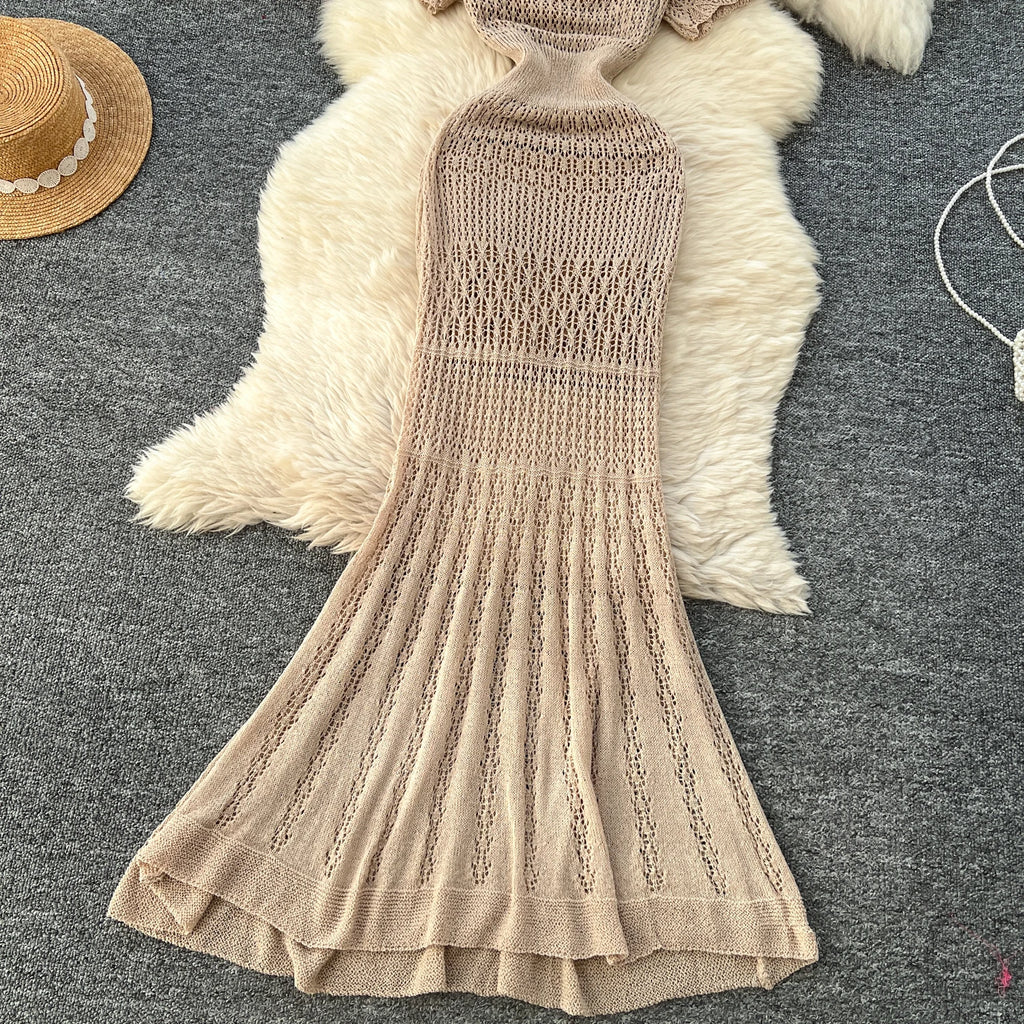 Women Hollow Knitted Dress Summer Flower Short Sleeved Fishtail Bodycon Dress with Camisole Dresses Vintage Party Long Robe