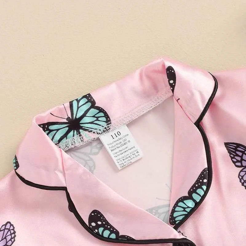 Kids Girls Summer 2PCS Pajama Sets Short Sleeve Lapel Shirt Butterfly Print Pants Loose Sleepwear for 1 Years to 7 Years