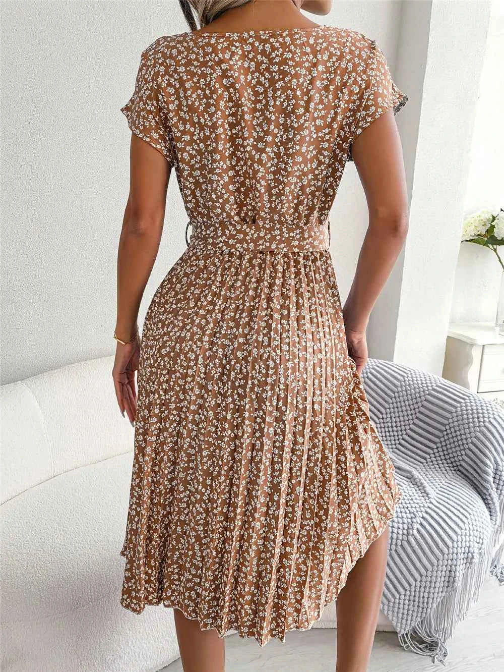 Ficusrong Fashion Floral Pleated A Line Long Dress Women Spring Summer Short Sleeve High Waist Chic Dress