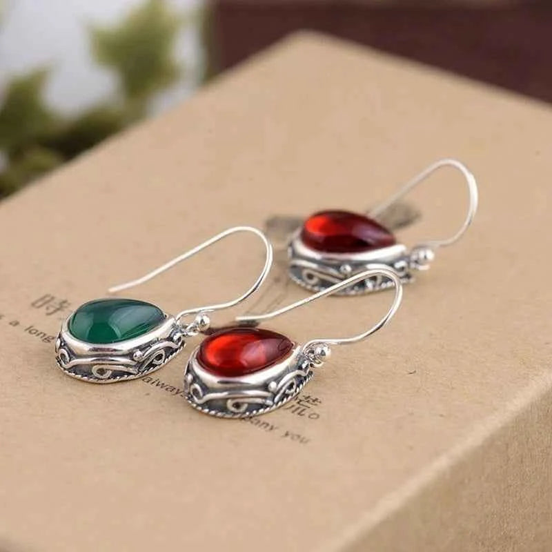Huitan Green/Red Pear Stone Drop Earrings for Women Ethnic Style Aesthetic Carved Pattern Temperament Lady's Earrings Jewelry