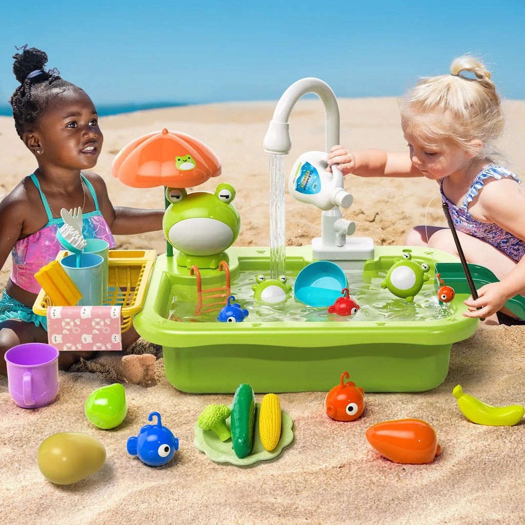 Kids Electric Kitchen Sink Toys with Running Water, Pretend Play Dishwasher & Fishing Toys, Educational Role Play Gift for Girls