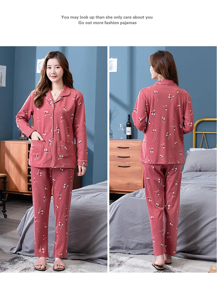 100% Pure Cotton Long Sleeve Sleepwear Set for Elderly Women Spring Summer Autumn Home Clothes Outwear Comfortable Home Suit