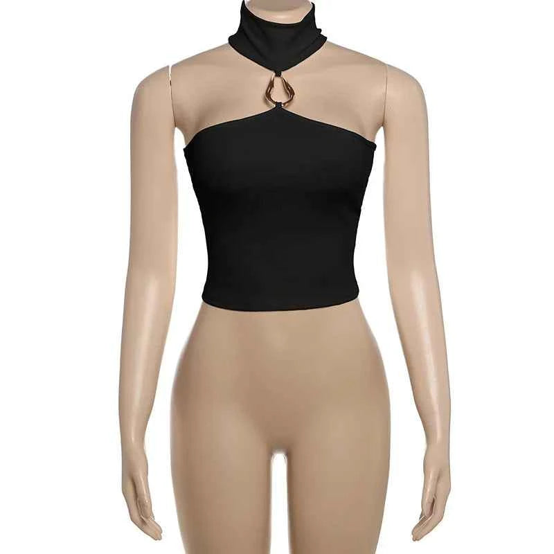 Metal Buckle Decoration Tank Tops Women Turtleneck Off Shoulder Skinny Stretch Street Fashion Wild Style Solid Outfits