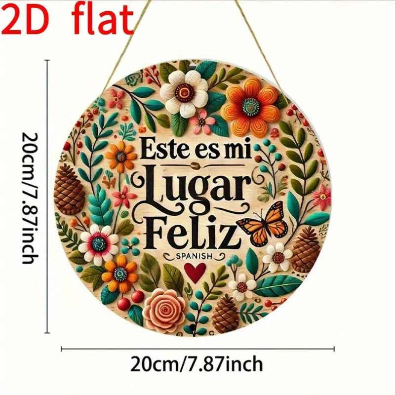 2D Flat, Vintage Wooden Sign Decor for The Room - "My Happy Place" Spanish Quote Wall Art Piece, Suitable for Home, Dining Room,