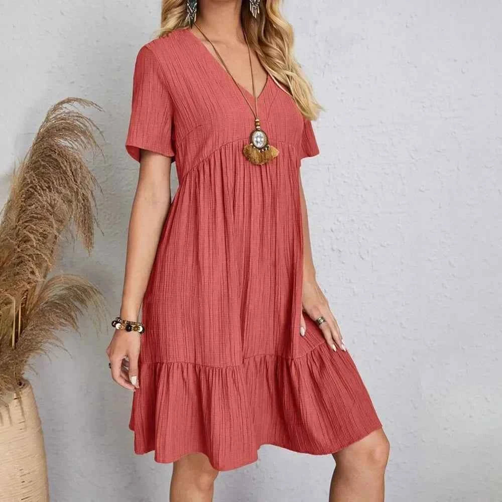 Women Summer Peplum Dresses Spring V-Neck Short Sleeve Loose Waist Ruffle Fit Flare Vocation Dresses