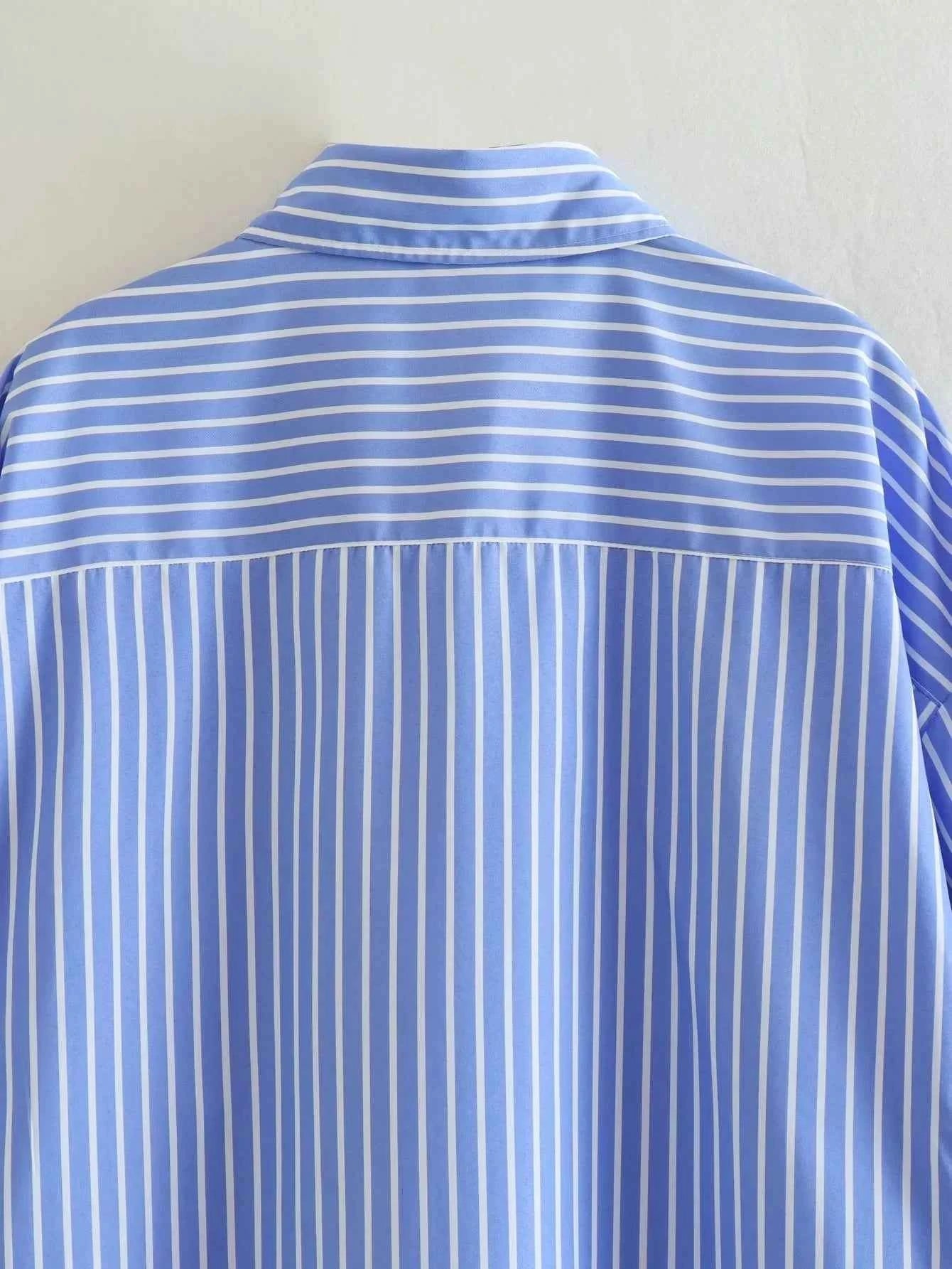 Women 2025 Pocket Stripe Printed Shirt Fashion Single Breasted Vintage Long Sleeve Spring Autumn Causal Elegant Loose Tops