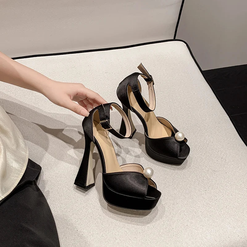 Liyke Brand Fashion White Black Chunky Platform Sandals Women Pearl Design Square Toe Super High Heels Elegant Party Prom Shoes