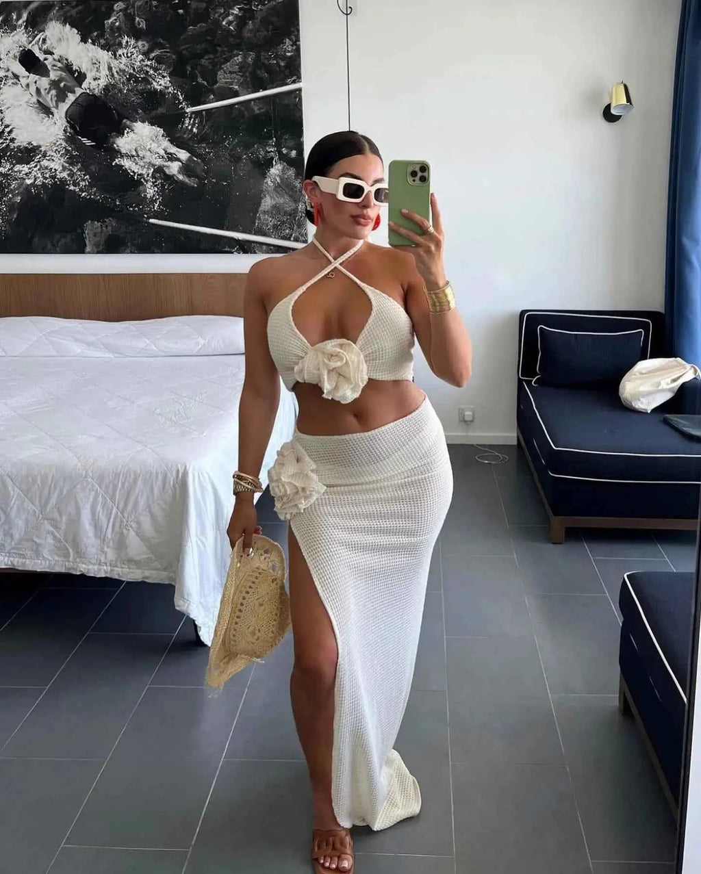2025 3pack Bikini with Beach Skirt Swimwear Women 3D Flower Swimsuit Halter Bathing Suit Beachwear Bikini Set Biquini