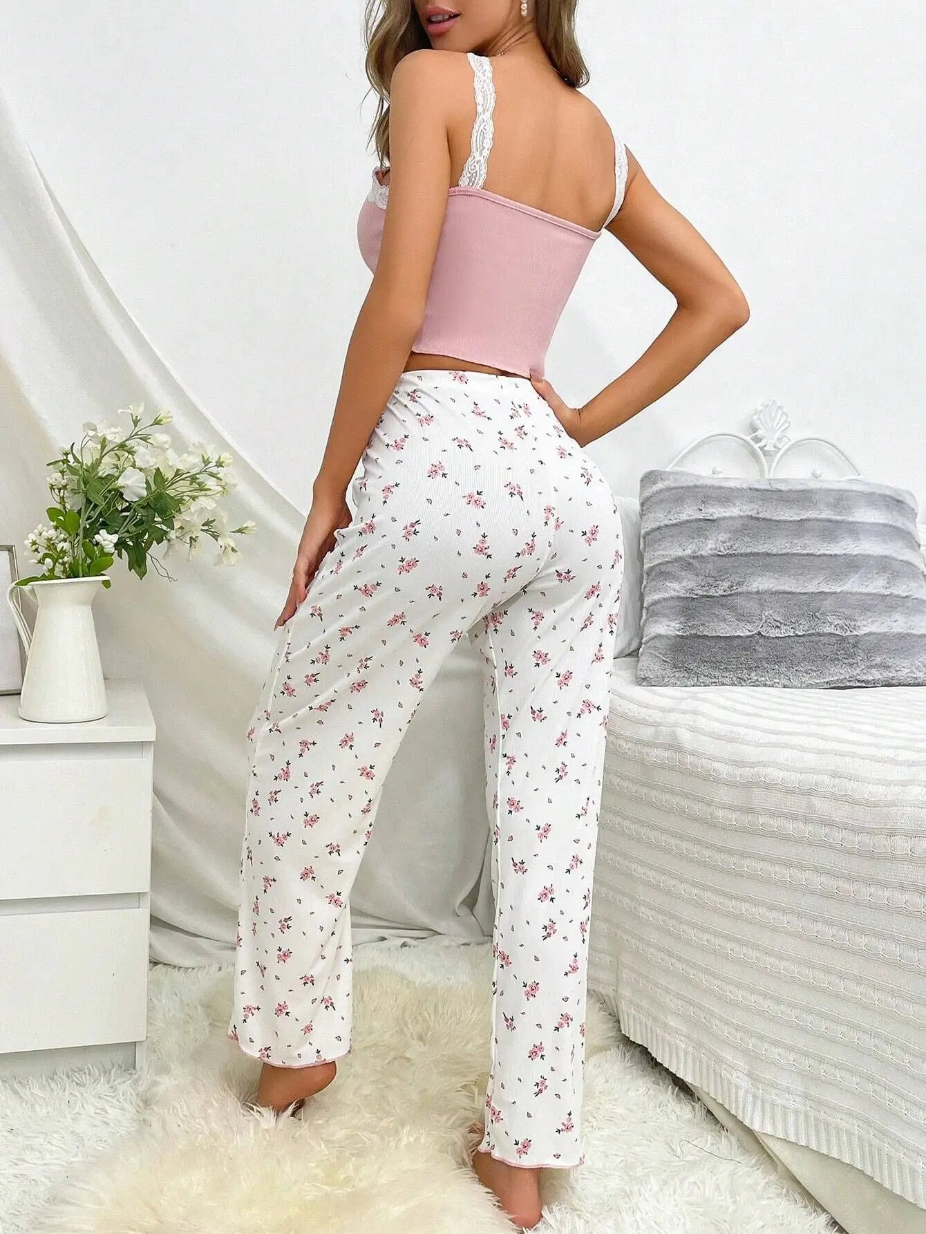 2PCS Pajamas Sets Women Sleepwear Autumn Winter Sleeveless Casual Floral Printed Tops and Trouses Homewear Loungewear
