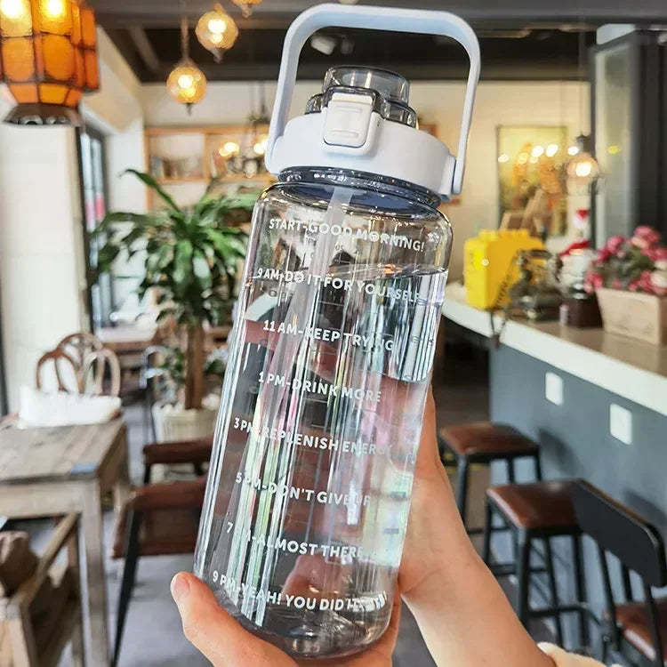 2L Water Bottle Portable Straw Plastic Water Cup for Outdoor Sports Fitness Adult High Value Big Fat Cup with Time Marker