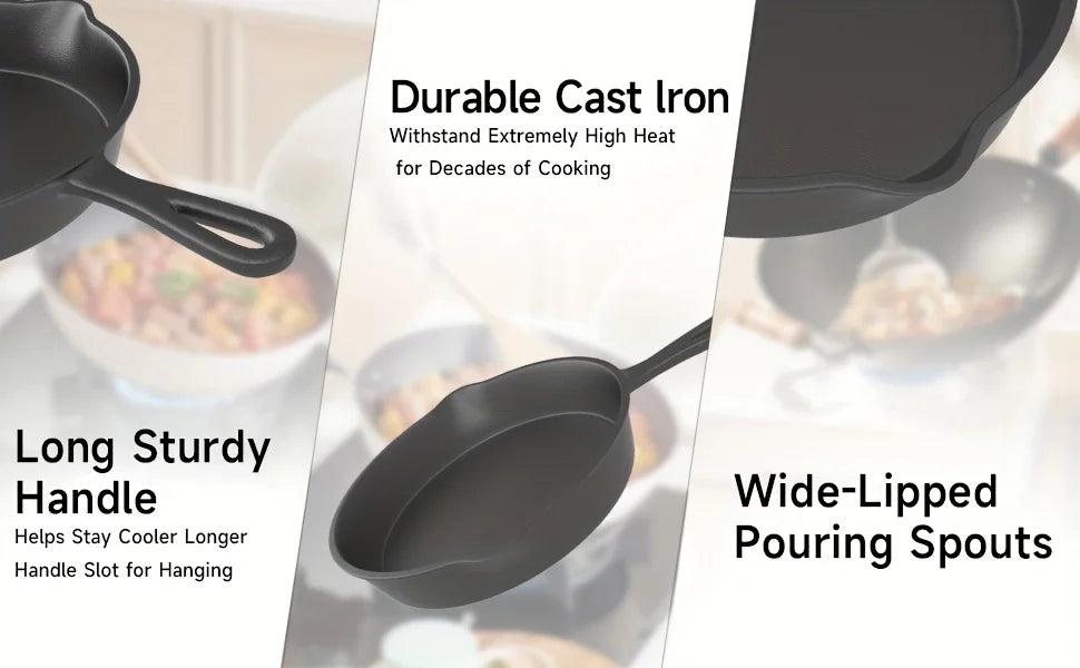 3PCS Cast Iron Skillet Set (6/8/10 Inch)  Pre-Seasoned, Heavy-Duty Pans for Oven, Grill & Campfire, Even Heat, Non-Stick Surface