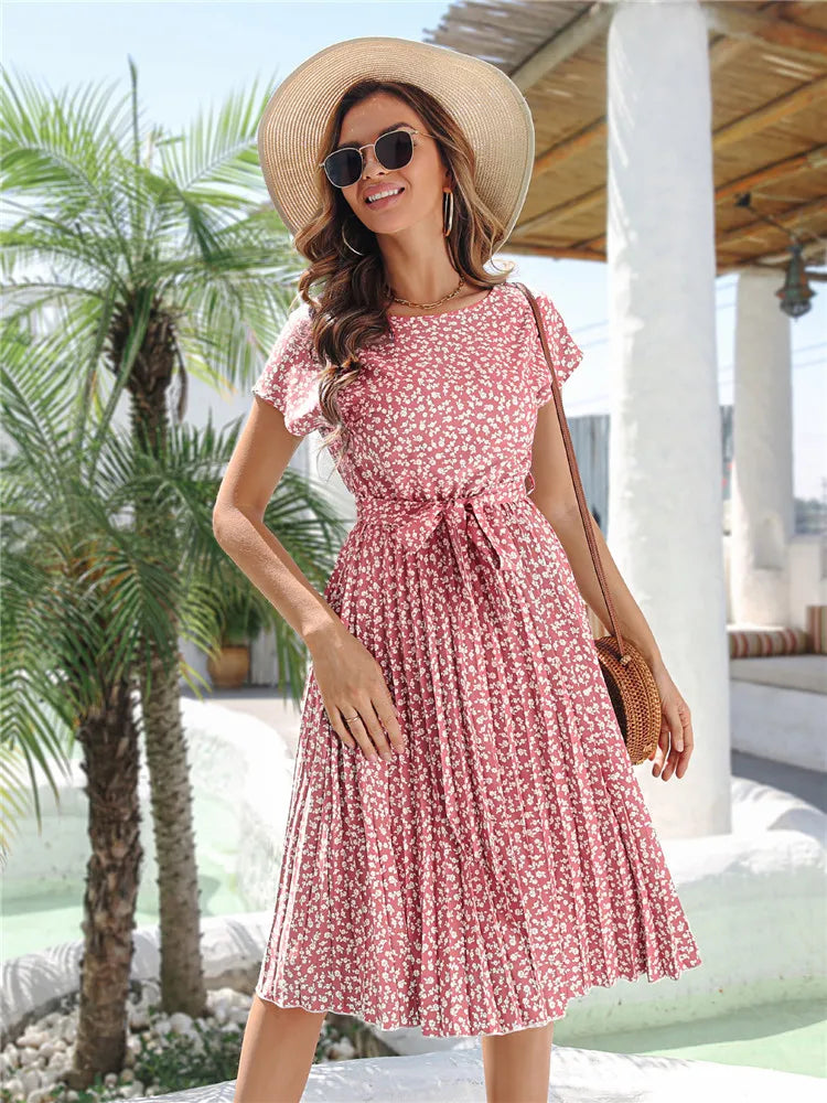 Msfilia Summer Print Pleated A Line Long Dress Women Short Sleeve High Waist Spring Round Neck Chic Dress with Belt
